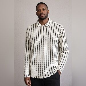 Textured Striped Polo Shirt – Cream & Black Wavy Stripe – Long Sleeve